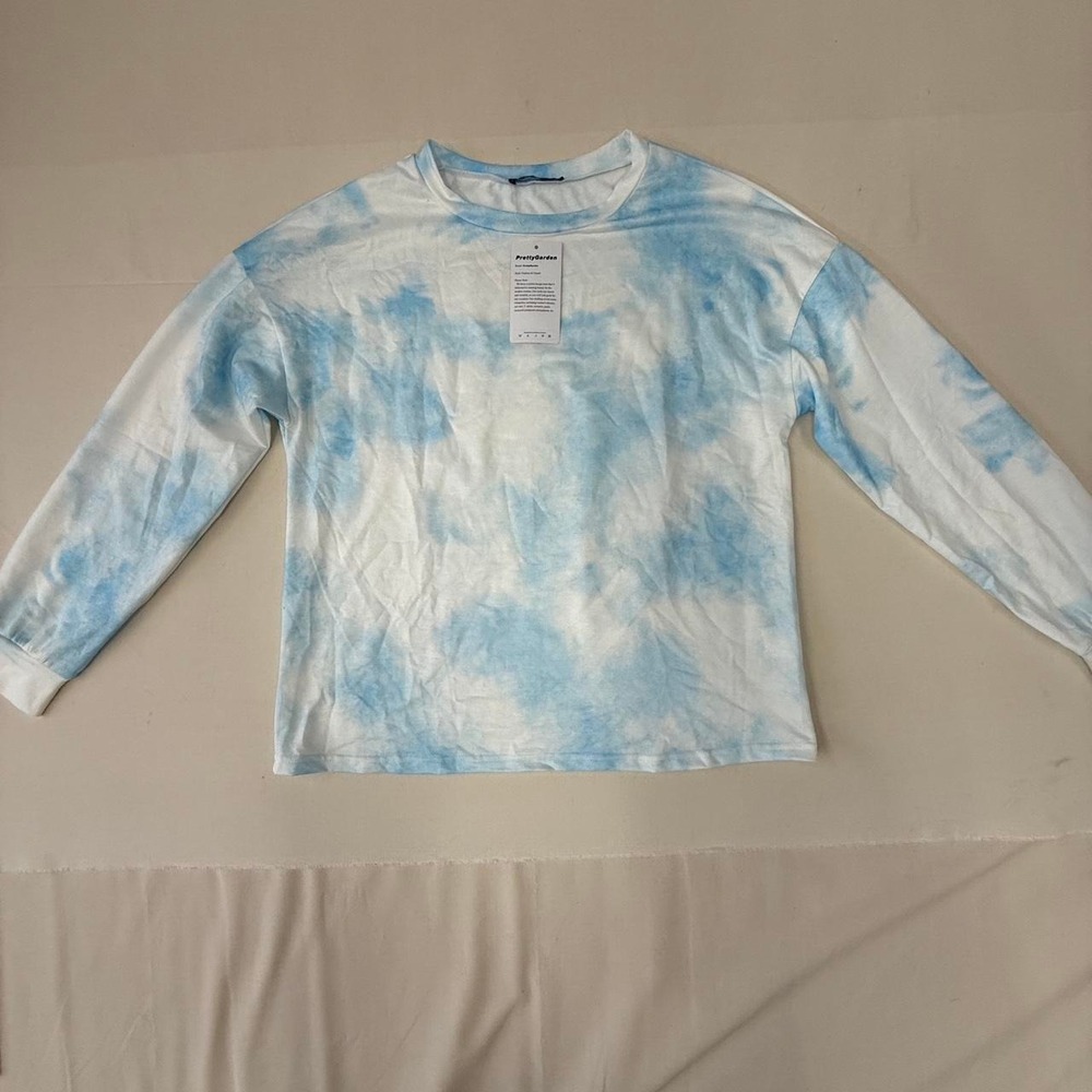 PrettyGarden Blue & White Tie-Dye Long Sleeve Top